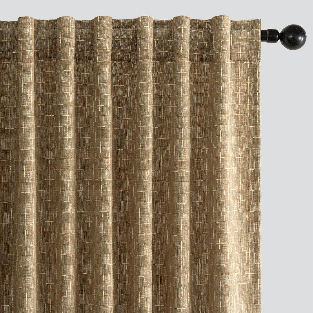 MIULEE Decorative Back Tab Linen Curtains with Geometric Pattern for Living Room Bedroom Farmhouse Rustic Thick Woven Textured Patterned Mudcloth Drapes 63 Inch Length 2 Panels Set, Khaki