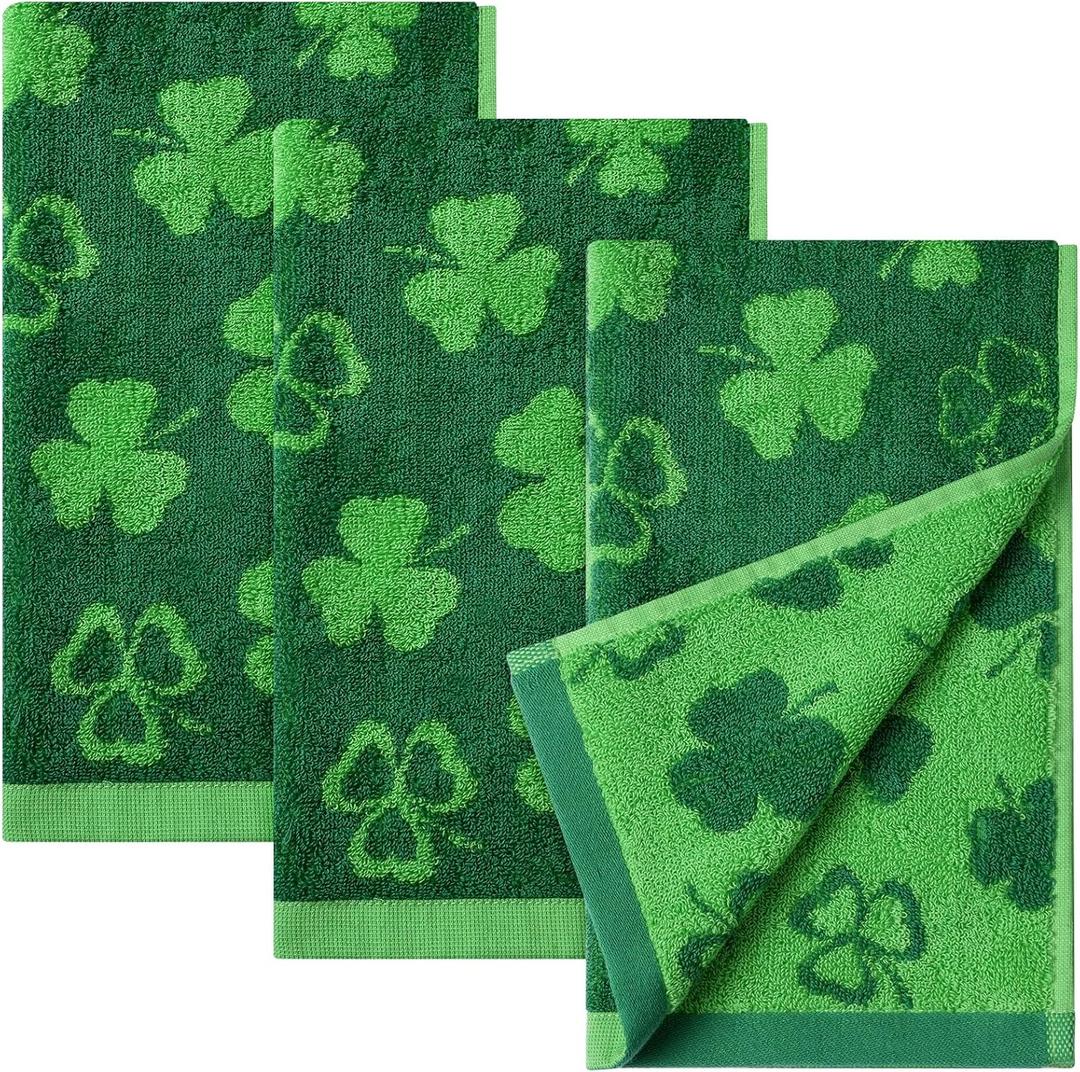 Hallswl 3pcs St. Patrick's Day Hand Towels Green Shamrock Jacquard Towel for Bath Irish Clover Cotton Soft Bathroom Kitchen Decorative Set for St. Patrick's Day Holiday Decor Gift,14 x 29 Inch