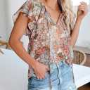 SimpleFun Women's Boho Tops Floral V Neck Short Sleeve Summer Blouse Shirts (Beige, S)