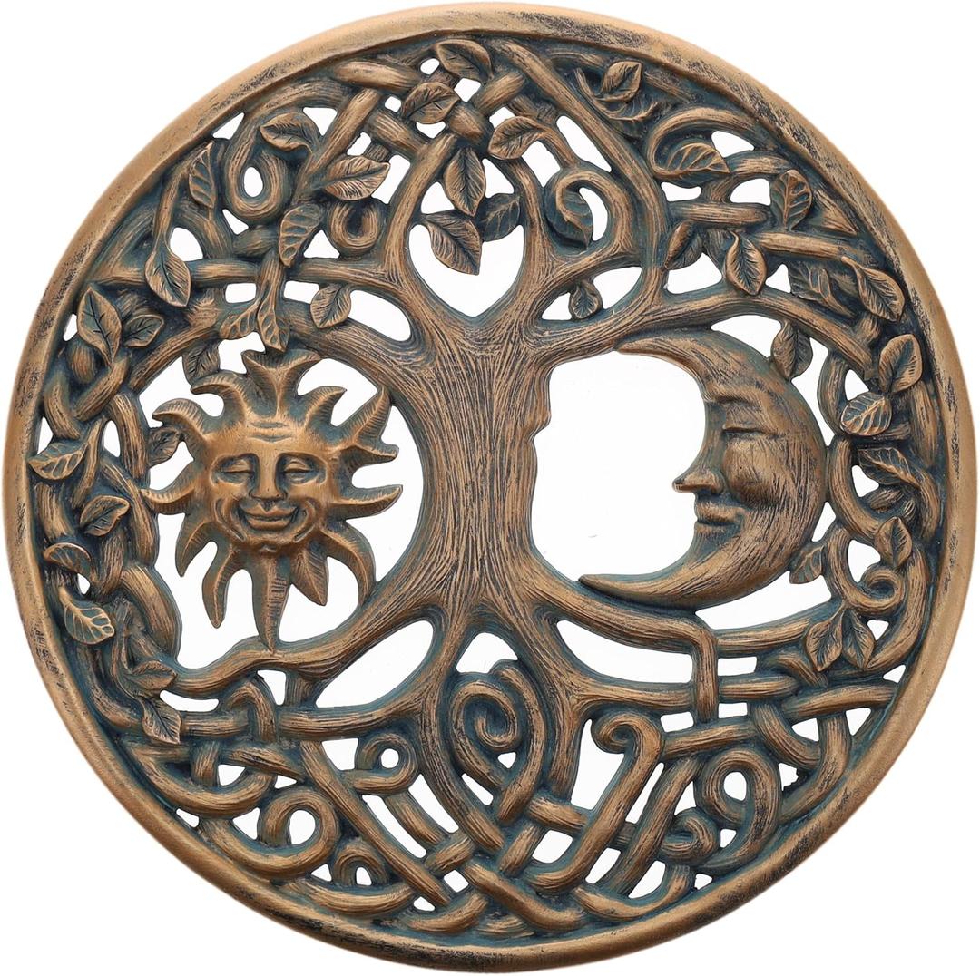 Top Brass Sun and Moon Face Tree of Life Wall Plaque Decorative Spiritual Celtic Garden Art Sculpture - Celestial Harmony