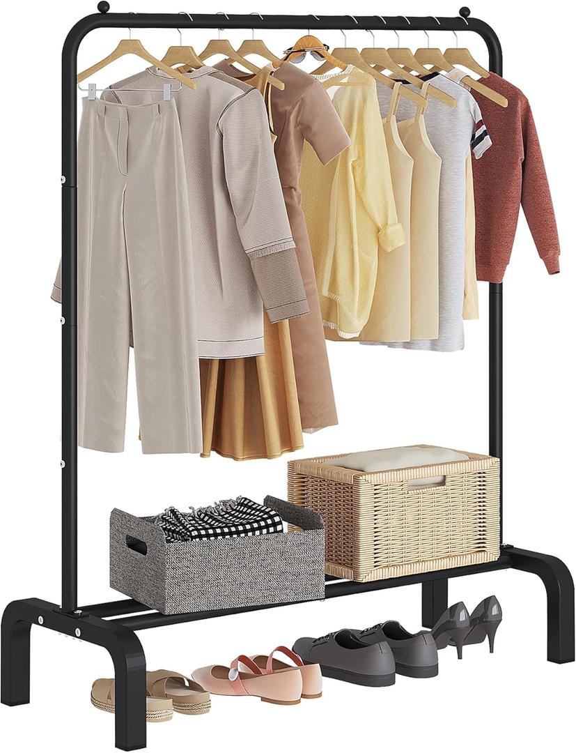 JIUYOTREE Standard Clothes Clothing Garment Rack with Storage Shelves Clothes Organizer for Hanging Clothes Coat Jacket Shirt Sweater Jeans Black (34"W x 16.7"D x 58"H without wheels)