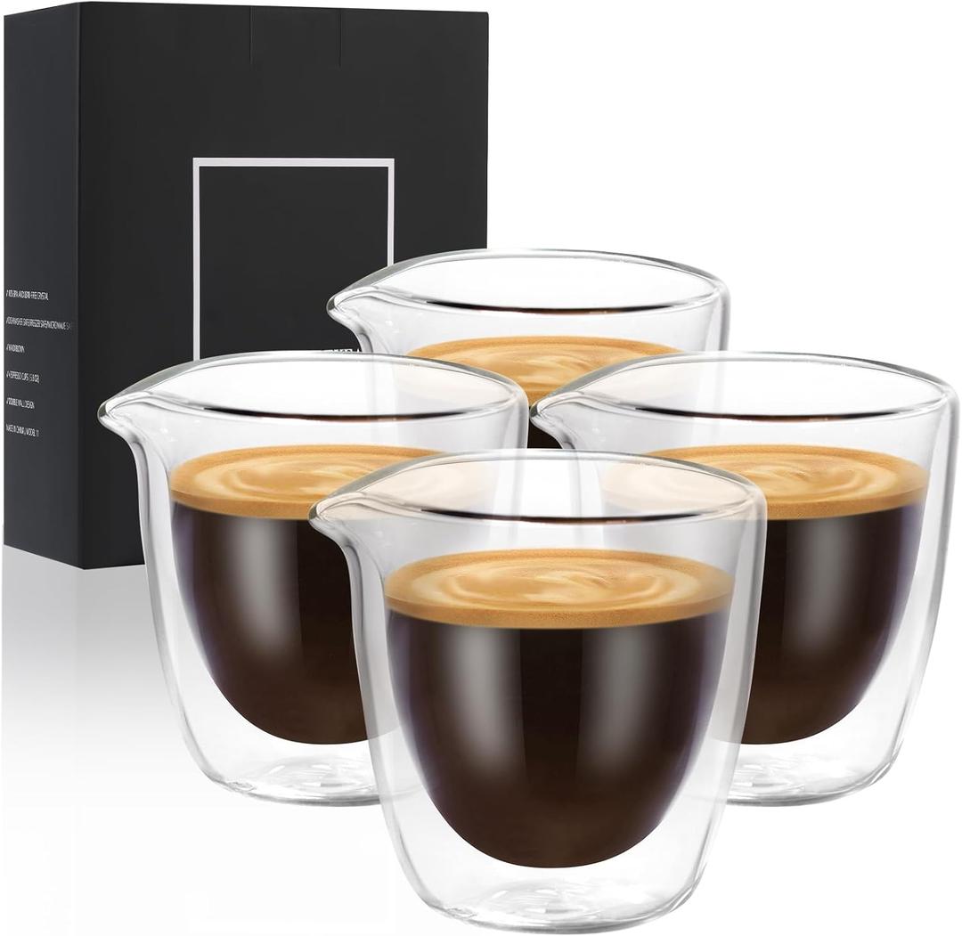 Double Wall Espresso Cups Set of 4 - 2.7OZ Clear Shot Glasses With Spouts - Accessories for Machine, Gift Set