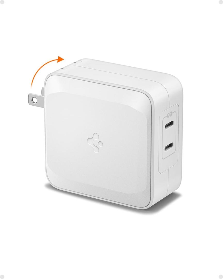 100W USB C Charger, Spigen [GaN II] 2 Port Foldable Power Adapter for MacBook Pro/Air, iPad Pro/Air, USB-C Laptop HP Dell XPS Pixelbook iPhone 16 15 14 Pro Max Type C Fast Wall Charger Block