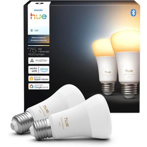 Philips Hue Smart LED A19 Bulb, White Ambiance, E26 Base, 9.5W, Full Spectrum Light 1000K-20000K, 1100 Lumens, Dimmable, Works with Alexa, Google, and Apple Home, 2pk
