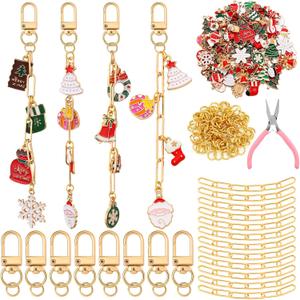 Tondiamo 266 Pieces Christmas DIY Gold Keychain Making Kit Bat Christmas Tree Santa Charm Jewelry Making Snowflakes Stocking Ornaments Bulk for Key Ring Art Adults Women Bag Gift (Red)