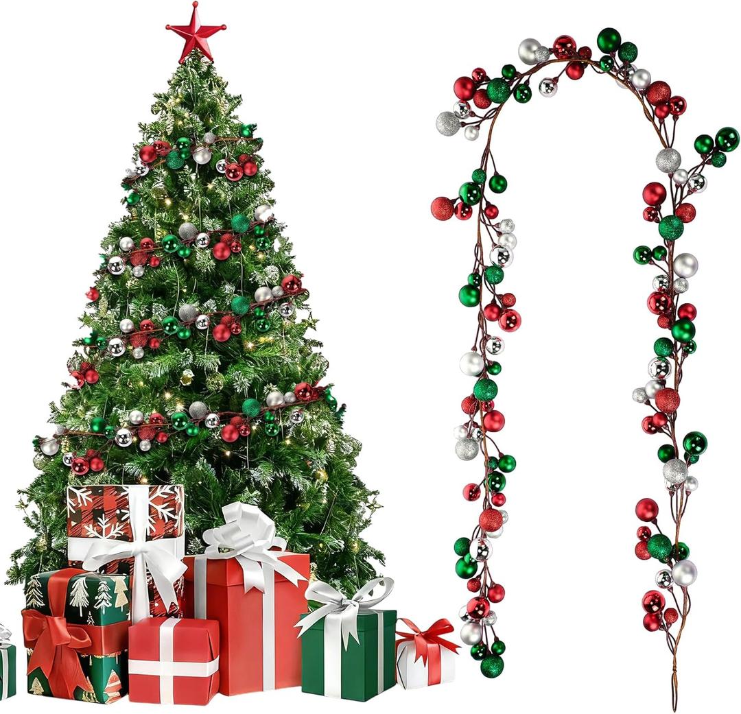 Jenaai 6 Ft Christmas Ball Garland Ornaments Bauble Garland, Red Green Silver Bulb Balls Xmas Tree Shatterproof Hanging Decoration for Fireplace Home Office Stair Holiday Decor