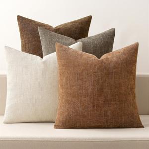 MIULEE Pack of 4 Decorative Throw Pillow Covers 18x18 Inch Brown Chenille Textured Throw Pillows Boho Farmhouse Rustic Cushion Covers for Vintage Modern Home Decor Couch Sofa Bed Living Room