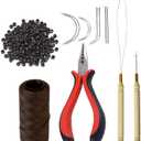 Hair Extensions Tool Kit: 200 Pcs Silicone Lined Micro Links Beads, 1 Three Hole Hair Pliers, 1 Roll Sewing Thread, 1 Loop Needle Threader, 1 Pulling Hook Needle, 8 Sewing Needles (Dark Brown)