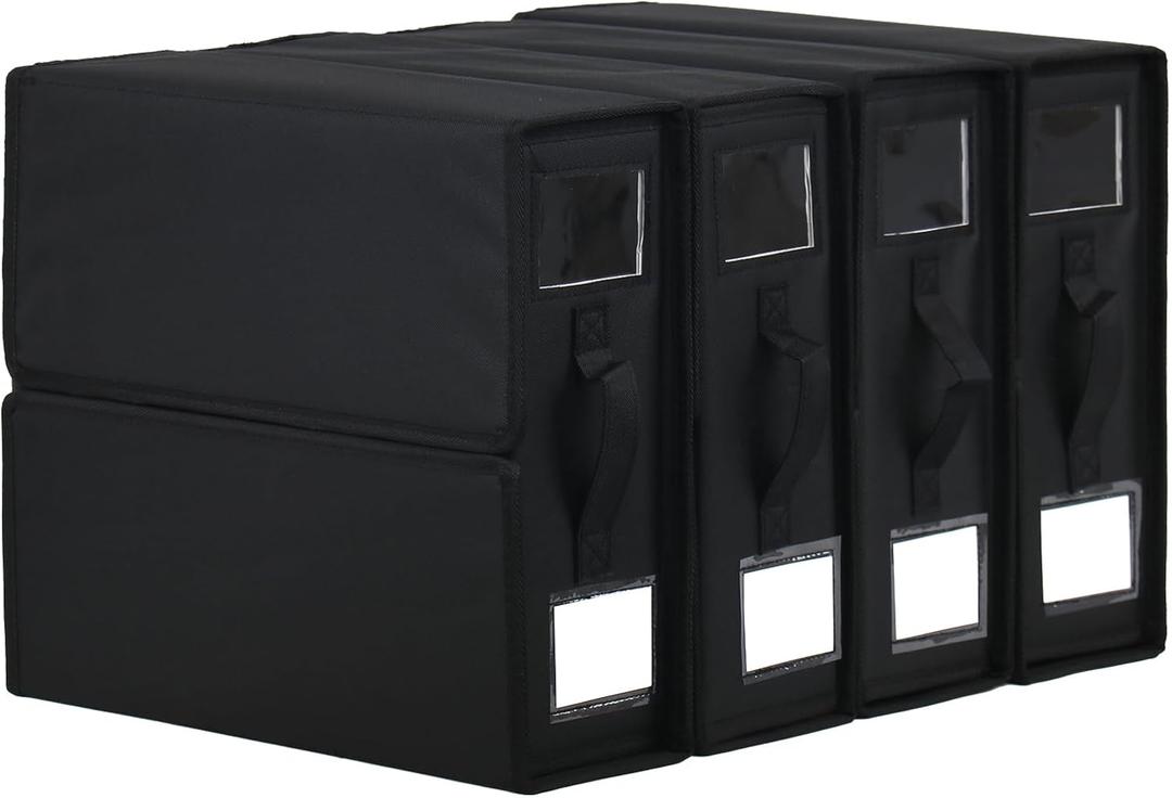 Bed Sheet Organizer 4 Pack Foldable Linen Closet Organizers and Storage (Queen & King Size) Fabric Container Boxes with Clear Window and Handle for Blanket Comforter Pillow, Black