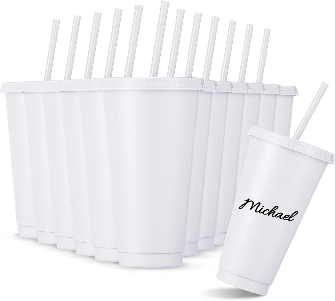 Amyhill 12 Pcs Reusable Cups with Lids and Straws 24 oz Plastic Tumbler Iced Coffee Cup Travel Mug for Smoothie Juices Birthdays Sleepover Party Supplies for Girls (White)
