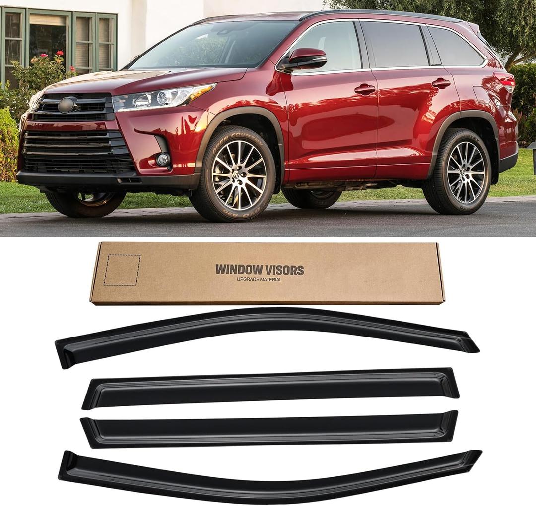 Window Visor for 2014-2019 Toyota Highlander, Out-Channel Rain Guards Shields Vent Deflector Shade Wind Dark Smoke for 14-19 Highlander 2015 2016 2017 2018, Outside-Mount, 4PCS (For 14-19 Toyota Highlander)