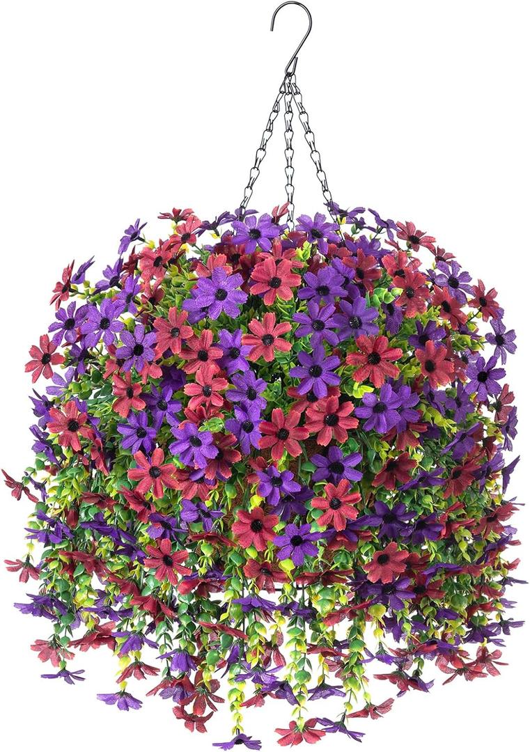 Artificial Fake Hanging Flowers Plants with Basket Fall Outdoor Decoration,Faux Silk Colorful Daisy in Planter Boxwood No Fade Plastic Shrubs Decor Farmhouse Home Garden Thanksgiving(Orange Brown)