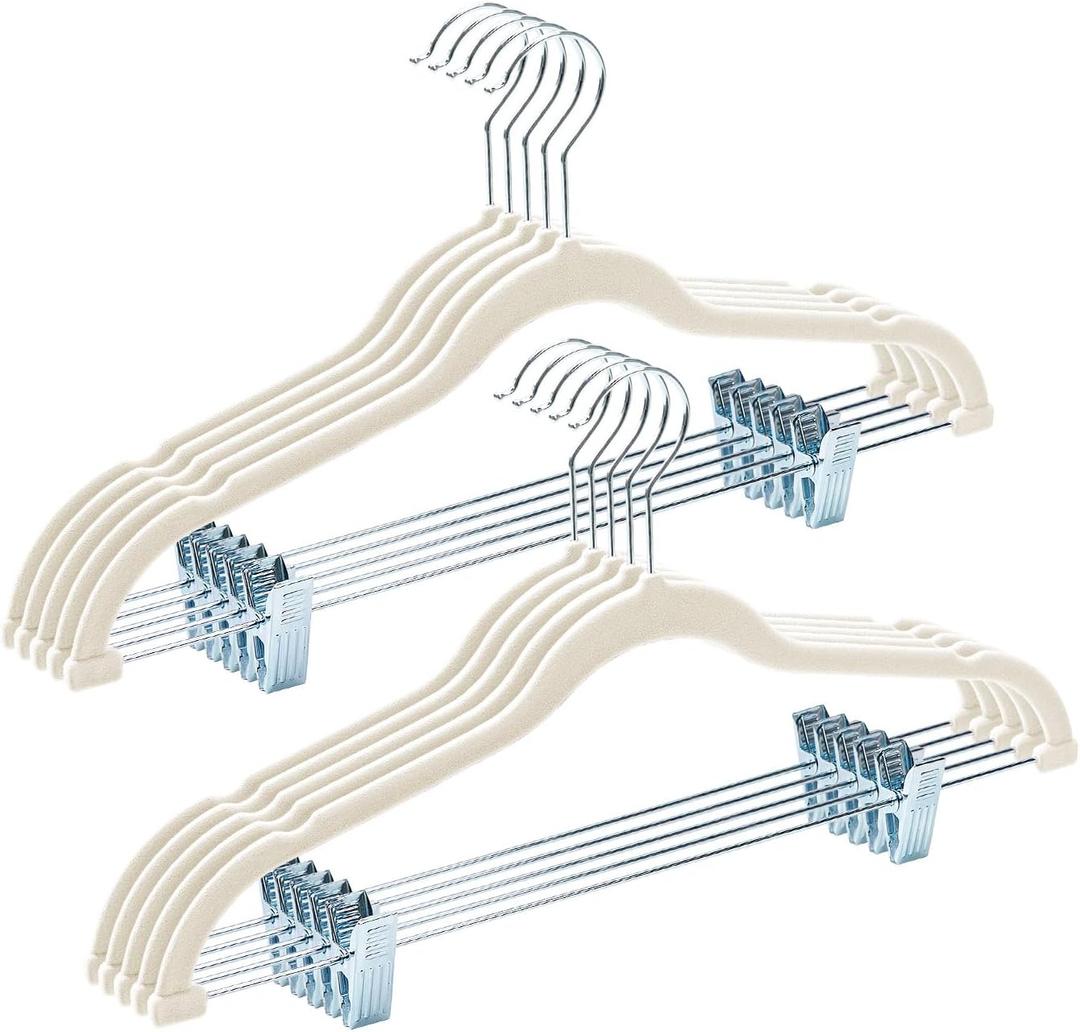 HOUSE DAY Velvet Hangers with Adjustable Clips 10 Pack, Non-Slip Suit Organizer with 360 Hook - Heavy Duty Hanger for Pants, Skirts, Blouses, Dresses - Outfit Hangers All-Season Space Saver (Ivory)