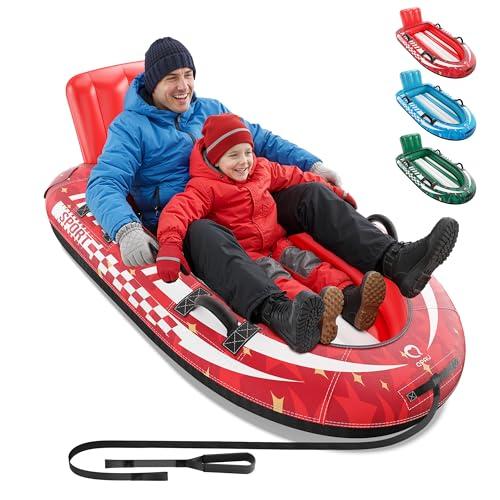 QPAU 2-Person Inflatable Snow Sled with Premium Canvas Cover, Heavy Duty Sled with Backrest & Reinforced Handles, Snow Tubes for Kids & Adults, Winter Inflatable Toys (Red)
