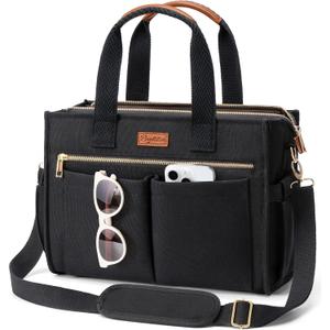 Canvas Tote Bag for Women, 15-Pockets Work Laptop Tote Purse Large Crossbody Nurse Teacher Bible Bag for School Travel Daily | with Strap & Zipper, Multi Compartment, Stand Upright Stably, College Shoulder Bag, Clinical Nursing Bag, Ideal Gift for Women (Medium-14inch, M1.black)