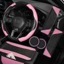 Hiseanllo 6PCS Pink Car Accessories Set, Carbon Fiber Microfiber Leather Steering Wheel Cover 14.5-15", Center Console Armrest Cover, Seat Belt Pads & Cup Holder Coasters, Universal Interior Decor
