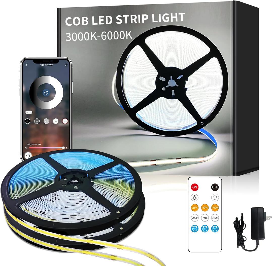 COB LED Strip Lights 100ft,6000K DC 24V Dimmable White Flexible LED Lights Strip for Bedroom,with Remote and app Control LED Rope Lights for Living Room,Shelf,Cabine,Bed(2 Rolls of 50ft)