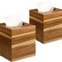 2 Pack Wooden Tissue Box Cover Square - Acacia Wood Tissue Box Holder for Tabletop Stands Bathroom Office- Decorative Facial Wood Tissue Box Cover for Modern Farmhouse Decor-Retro Natural Wood Color