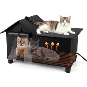 Extra Large Heated Cat House for Outside, Elevated Outdoor Cat House Weatherproof with Heating Pad for Winter, Warm Feral Cats Shelter for Multiple Cats, 25.6 X 13.4 X 18.1 Inches (Black)