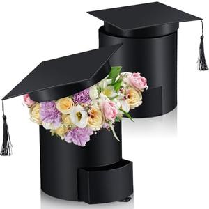 Weekgrat 2 Pack Graduation Cap Candy Box Graduation Cap Flower Gift Boxes, 6.9 x 6.4 in Empty Container for Grad Ceremony Party Activities Celebrations(Black,Round)