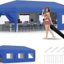 GarveeLife 10x30 Pop Up Canopy with 8 SideWalls - Heavy Duty Outdoor Canopy Tent with Portable Roller Bag - 3 Adjustable Height, 4 Weight Bags, 8 Stakes & 6 Guy Ropes Included-Blue
