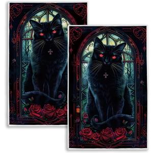3 x Rvsticty Gothic Halloween Kitchen Towels Set of 2,Gothic Roses Black Cat Dish Towels Goth Halloween Day of The Dead Decoration and Supplies for Home Kitchen Dining-18X26''