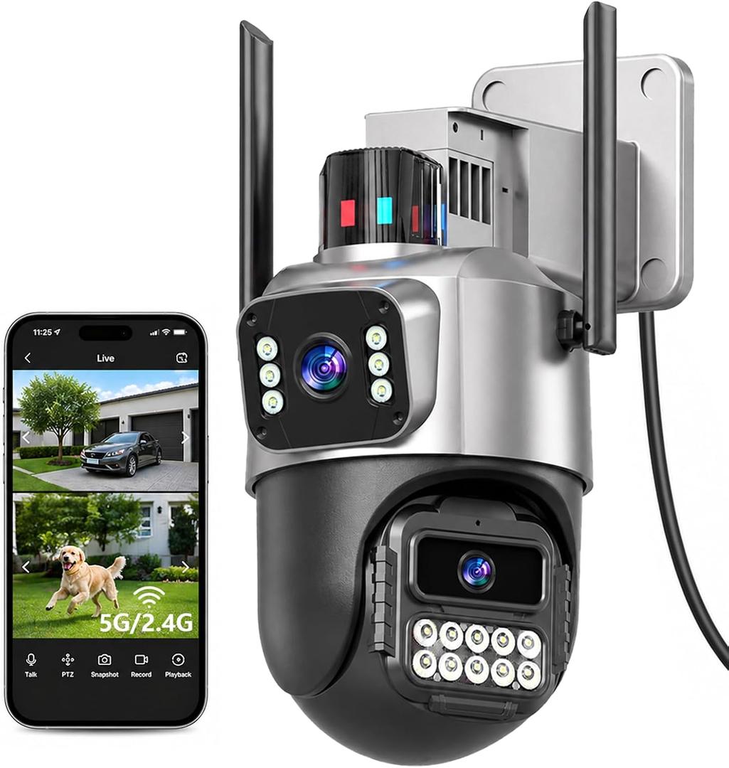 Outdoor Camera, Dual Lens PTZ 6MP Security Camera Outdoor, 6X Digital Zoom, Auto Tracking, Color Night Vision, 5G/2.4G Dual-Band WiFi, Plug-in Power, 2-Way Audio, IP66 Waterproof