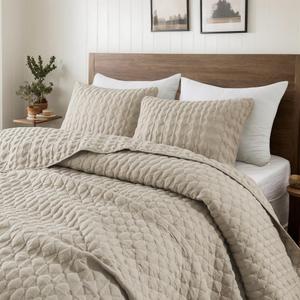 Beige Quilt Queen Size Bedding Sets with Pillow Shams, Lightweight Soft Bedspread Coverlet, Quilted Blanket Thin Comforter Bed Cover, All Season Summer Spring, Tan Cream, 3 Pieces, 90x90 inches