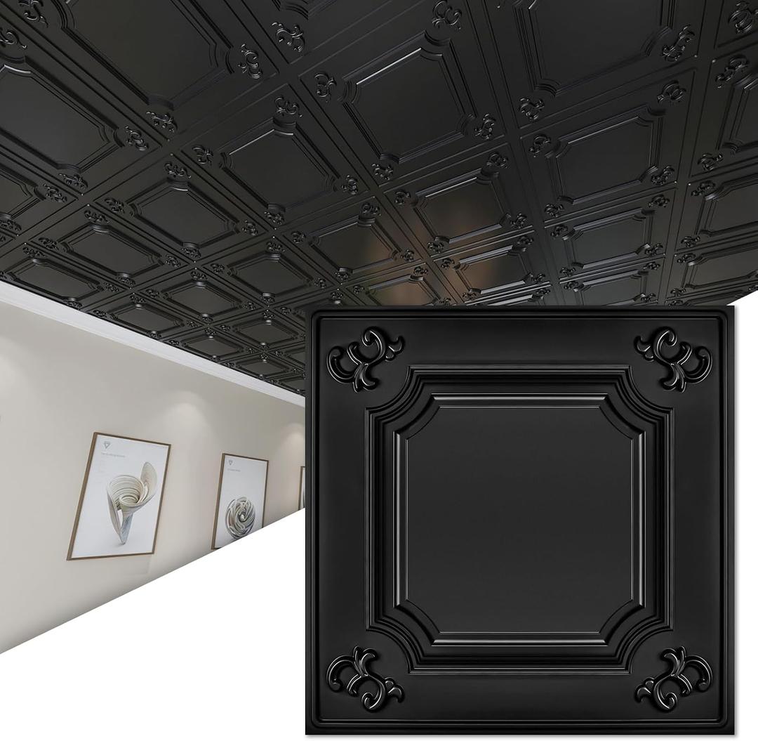 Art3d Drop Ceiling Tiles 24x24 in Black (12-Pack, 48 Sq.ft), Wainscoting Panels Glue Up 2x2, 12pcs 24"x24"