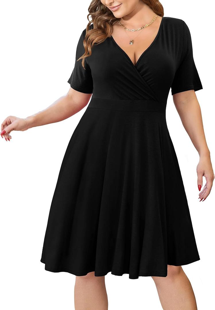 Ahlaray Women's Plus Size Dresses Short Sleeve Faux Wrap Causal Swing Dress with Pockets, L-4XL