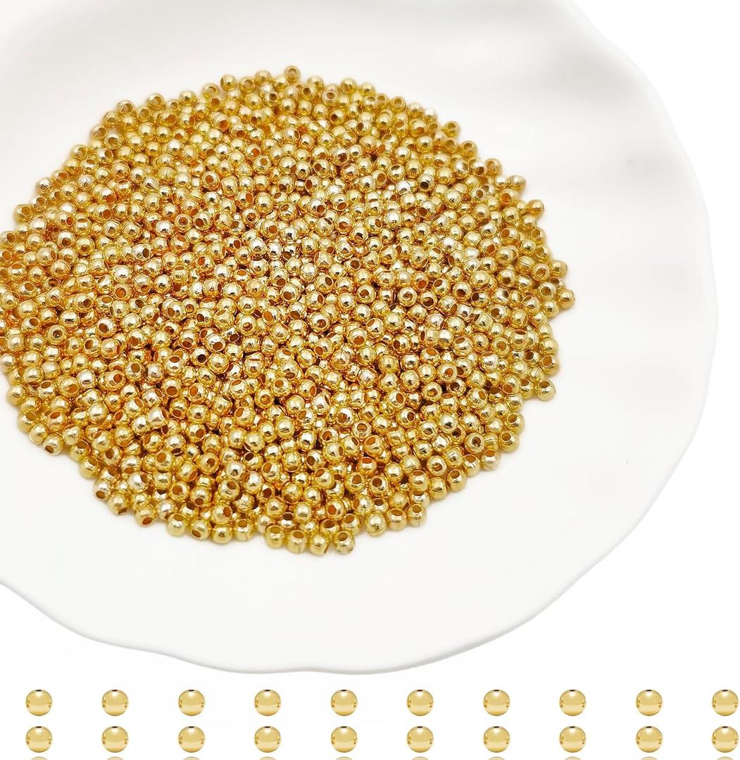 2500Pcs 2mm Metal Spacer Beads Metallic Plated Round Smooth Loose Beads, Bracelet Making Clamp End Stopper Spacer Beads for Jewelry Making (K-Gold)