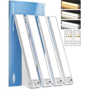 12inch Under Cabinet Lighting with Remote, 2400mAh Rechargeable Motion Sensor Light Indoor, Wireless Closet Lights, Dimmable, 3 Color Temps, Magnetic for Kitchen, Stairs (4 Pack)