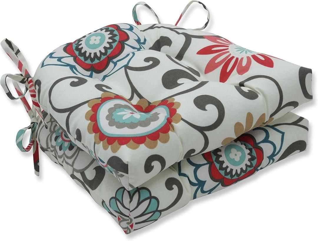 Pillow Perfect Floral Indoor/Outdoor Chairpad with Ties Reversible, Tufted, Weather, and Fade Resistant, 15.5" x 16", Blue/Brown Pom Pom Play 2 Count