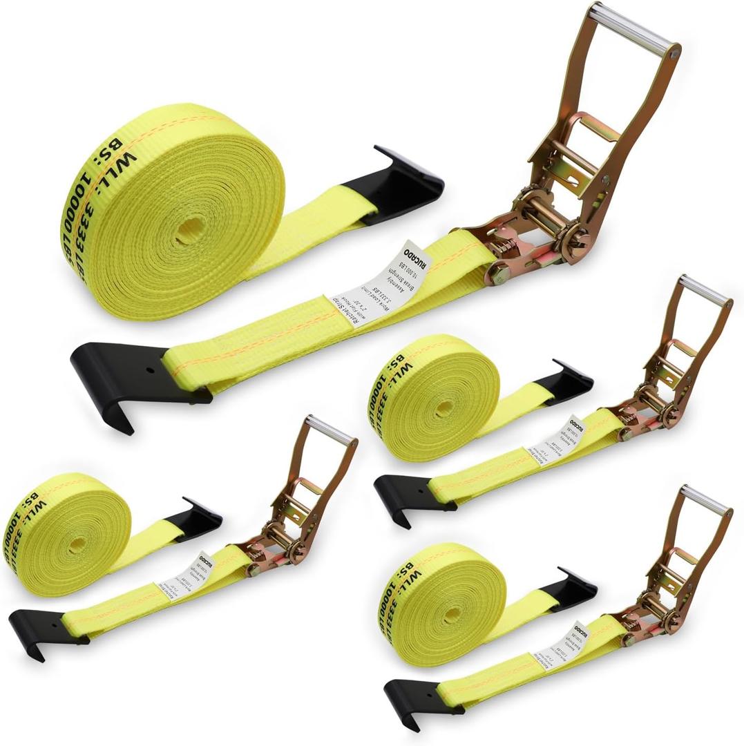 Ratchet Straps Heavy Duty 4 Pack 2" x 30', Ratchet Tie Down Strap with Flat Hook, 10,000 Lbs Break Strength, Cargo Straps Ratcheting for Truck Flatbed Trailer, Yellow