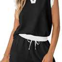 MEROKEETY Women's Summer Two Piece Short Sets Ruffle Sleeve V Neck Cute Tops Matching Lounge Outfits (Medium, Black)