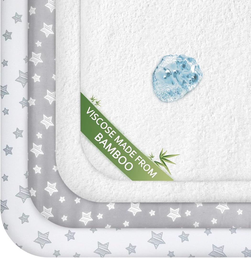 Pack and Play Sheets & Waterproof Terry Pack N Play Mattress Protector Pad Cover 4 Pack, Viscose Terry Pack N Play Sheets Set, Grey & White (39" X 27")