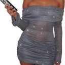 Women Sexy Off Shoulder Bodycon Mini Dress Mesh Sheer Ruched Sparkly Flared Long Sleeve Y2K Dress Club Night Out Dresses (Gray, M)