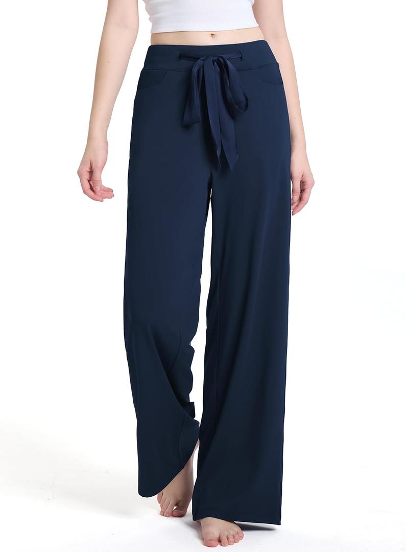 SEVEGO Women's 30/32 Wide Leg Yoga Pants Comfy Casual Pajama Bottoms Baggy Loose High Waisted Lounge Flowy Palazzo Pants (Dark Blue)