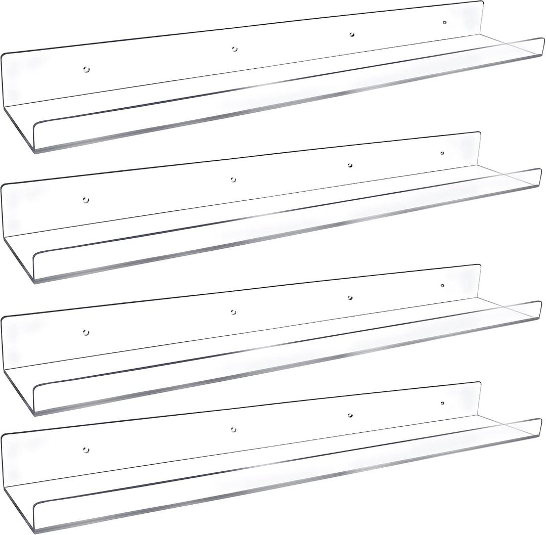 Febwind 4 Pack 24-Inch Long Clear Acrylic Floating Shelves U Shape Wall Shelf for Book Display Makeup Product Spice Organizer