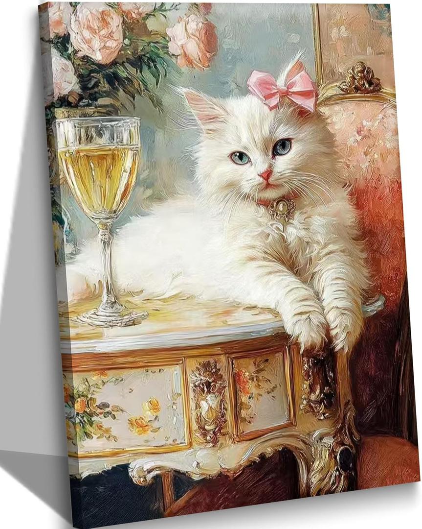 Elegant Vintage Cat Canvas Wall Art Whimsical White Cat Poster Print Funny Retro Bar Cart Picture Eclectic Animal Paintings Wall Decor for Living Room Bedroom Kitchen Office 16x24in Framed