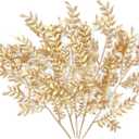 Fake Plants Leaves Christmas Decoration, PASYOU Gold Artificial Shrubs Grass Foliage Plastic Bulk Leaf Indoor Outdoor Home Garden Party Hotel Verandah Wedding Event Faux Decor Ornaments, Golden 5 Pack