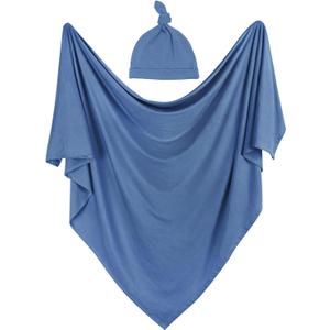 iEvolve Cotton Knitted Baby Swaddle Blanket with Hat Headband Set Newborn Swaddle Wrap Receiving Blankets for Baby Girl Boy 35" x 35"(Sapphire Blue)