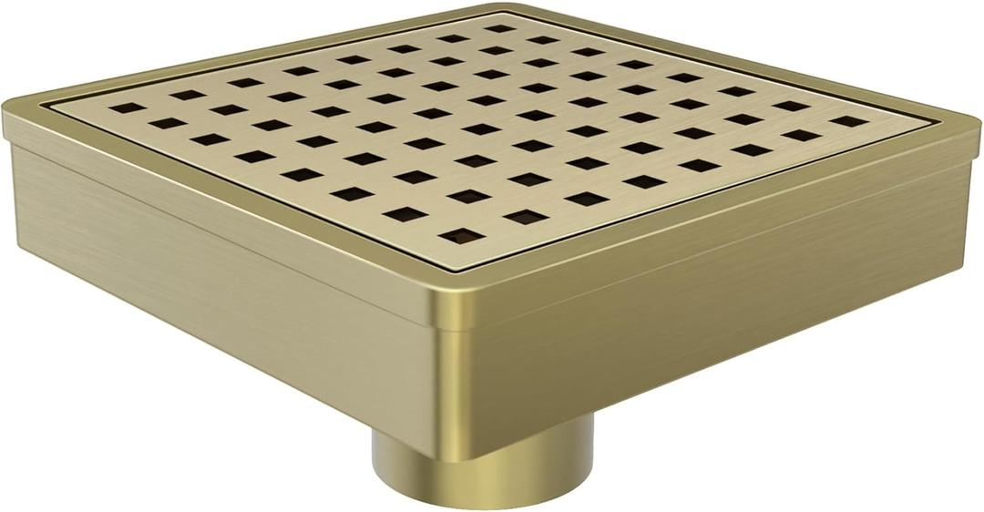 6 Inch Gold Shower Drain, Modern 304 Stainless Steel Square Shower Drain for Bathroom, Brushed Gold Shower Floor Drain with Grate Removable, Hair Strainer