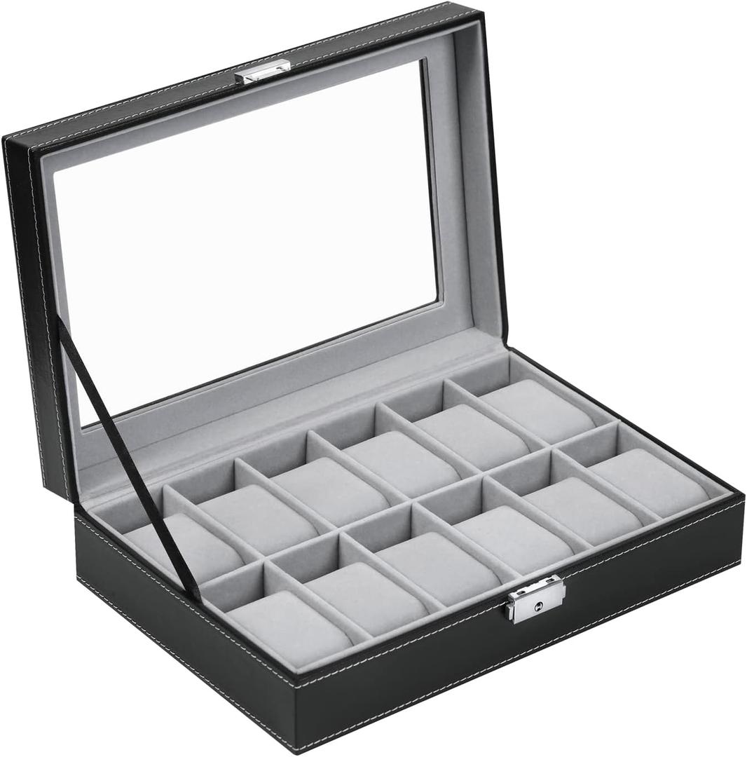 12 Slots Watch Box for Men, Black Watch Box Organizer