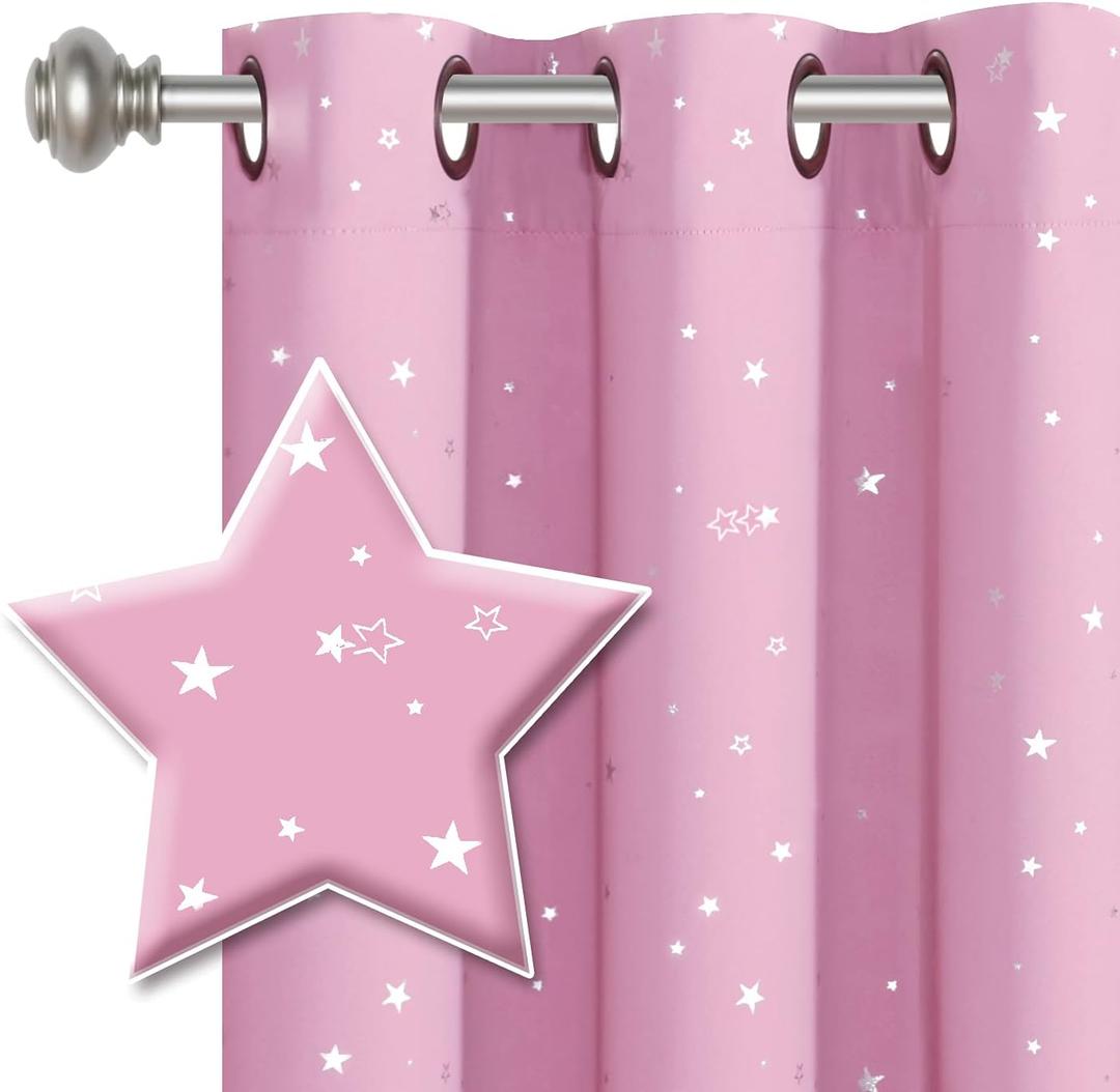 H.VERSAILTEX Blackout Star Curtains for Kids Room Boys Girls Twinkle Silver Stars Thermal Insulated Cute Thick Soft Curtain Drapes, Grommet Top, 1 Panel, 40" W x 63" L, Pink