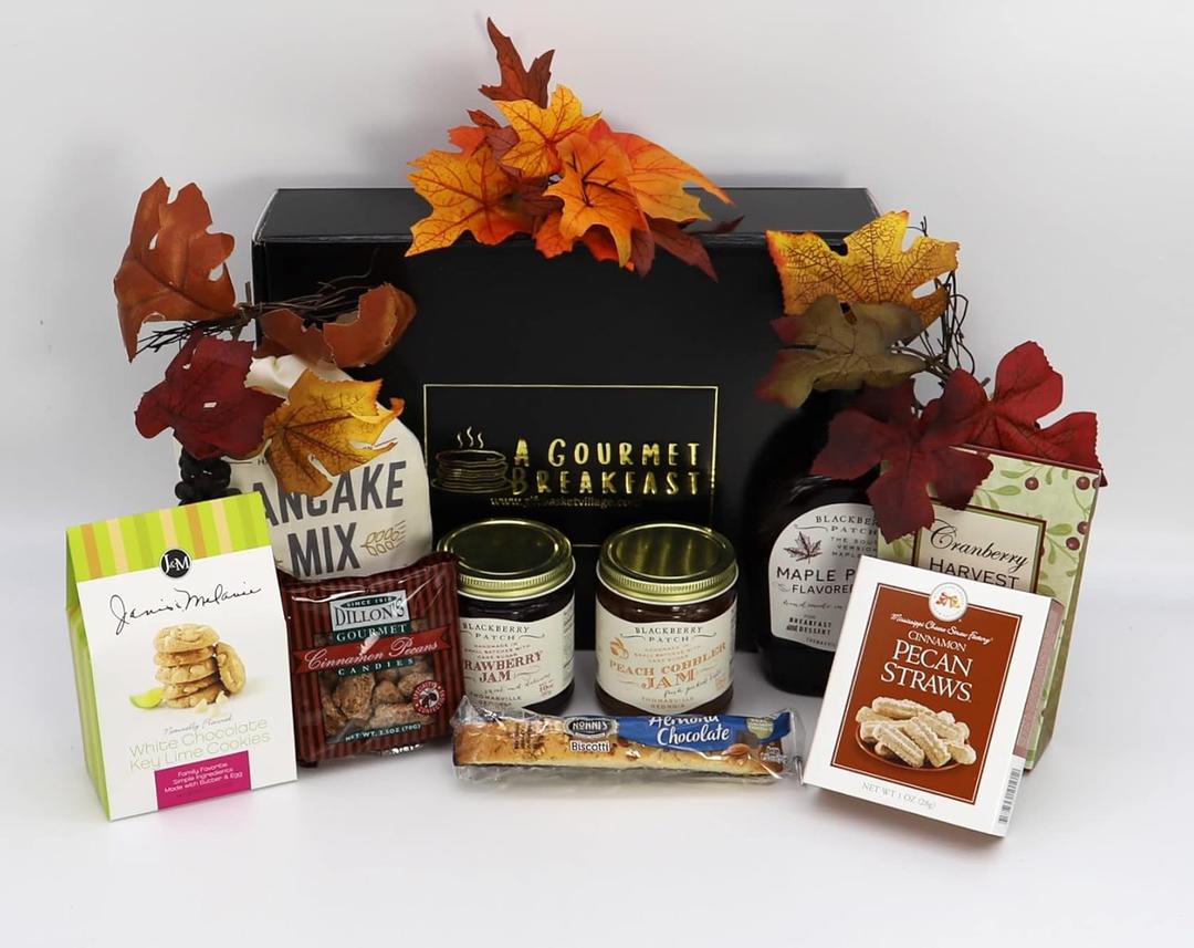 Gift Basket Village Gourmet Breakfast Basket: Pancake Mix, Syrup, Jams, Cookies, Candied Nuts, Biscotti, Dried Fruit, Perfect Morning Delight, 12x9x3, 6.38 lbs (8 Piece Set)