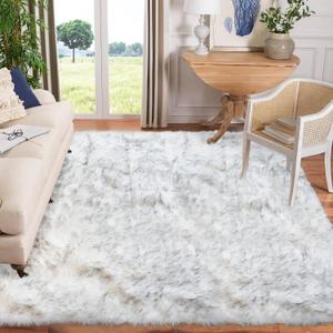 Area Rug 10x12 Fluffy Fuzzy Faux Fur Carpet for Living Room Bedroom Furry Shaggy Plush Washable Rectangle - White with Grey Tips