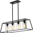 Black Farmhouse Chandeliers for Dining Room, Rustic Kitchen Island Light Fixture, 4-Lighting Linear Pendant Lamp Kitchen Island with Glass Shade Apply to Dining Room Light fixtures Over Table