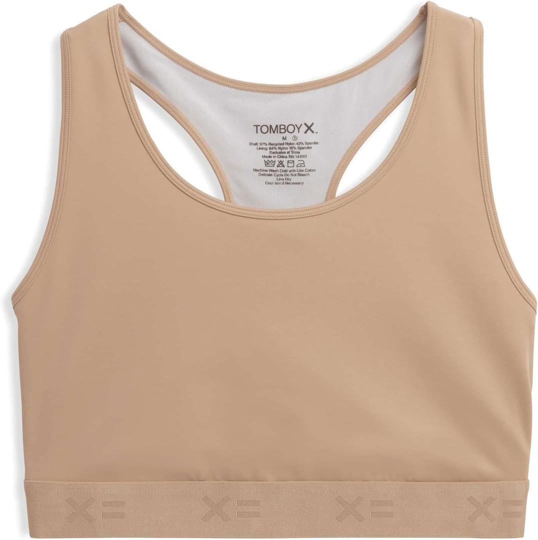 TomboyX Racerback Compression Bra for Women Full Coverage Gender Inclusive Wireless Medium Support Top No Padding Sports Bras (Large, Chai)
