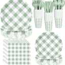 175 Pcs Sage Scalloped Gingham Party Supplies for 25 Guests, Sage and White Checkered Paper Plates, Cups and Napkins Sets for Baby & Bridal Shower, Wedding, Birthday Party, Outdoor Picnic